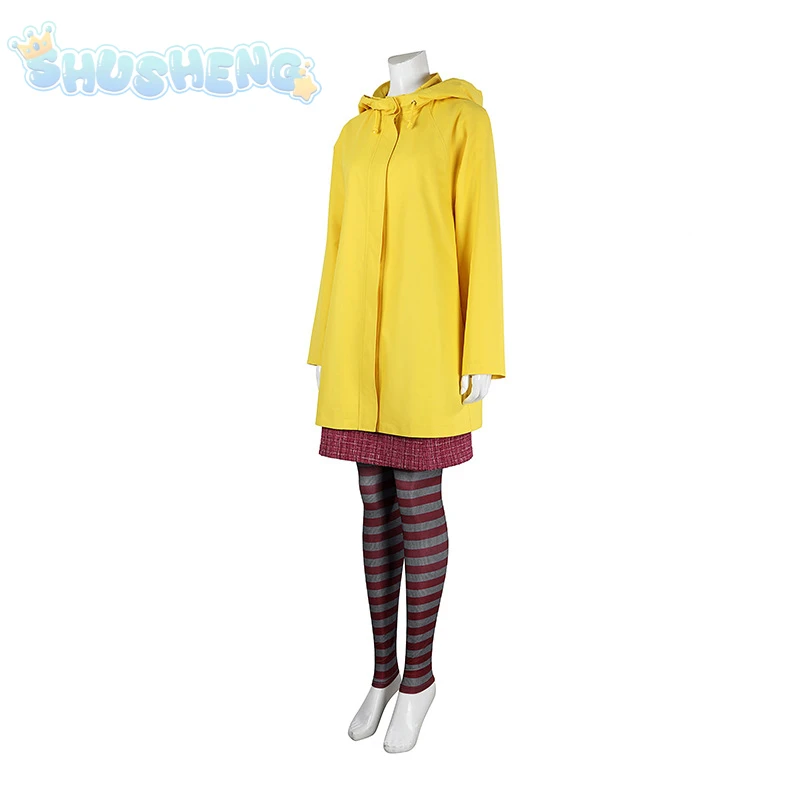 Coraline Cosplay Costume Horror Fairytale Movies Yellow Coat shoes Secret Door Halloween Party Scary Ghost Mom Caroline