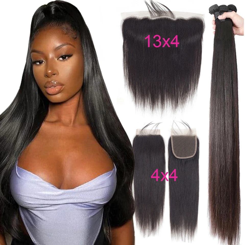 Straight Bundles With Frontal Brazilian Hair Weave with Transparent Lace Closure 100% Human Hair  For Black Women Can Be Dyed