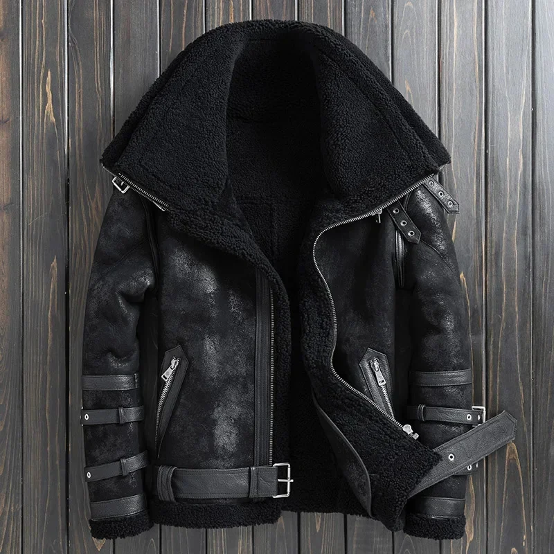 New Winter Thicker Fur One Genuine Leather Coat Men's Double Collar Sheepskin Jacket Locomotive Male Air Force Suit