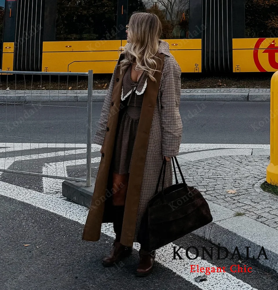 KONDALA Urban Vintage Trench Coat Women's Fall Winter Brown Reversible Wear Long Coat 2025 Fashion Elegant Commute Ladies Coat