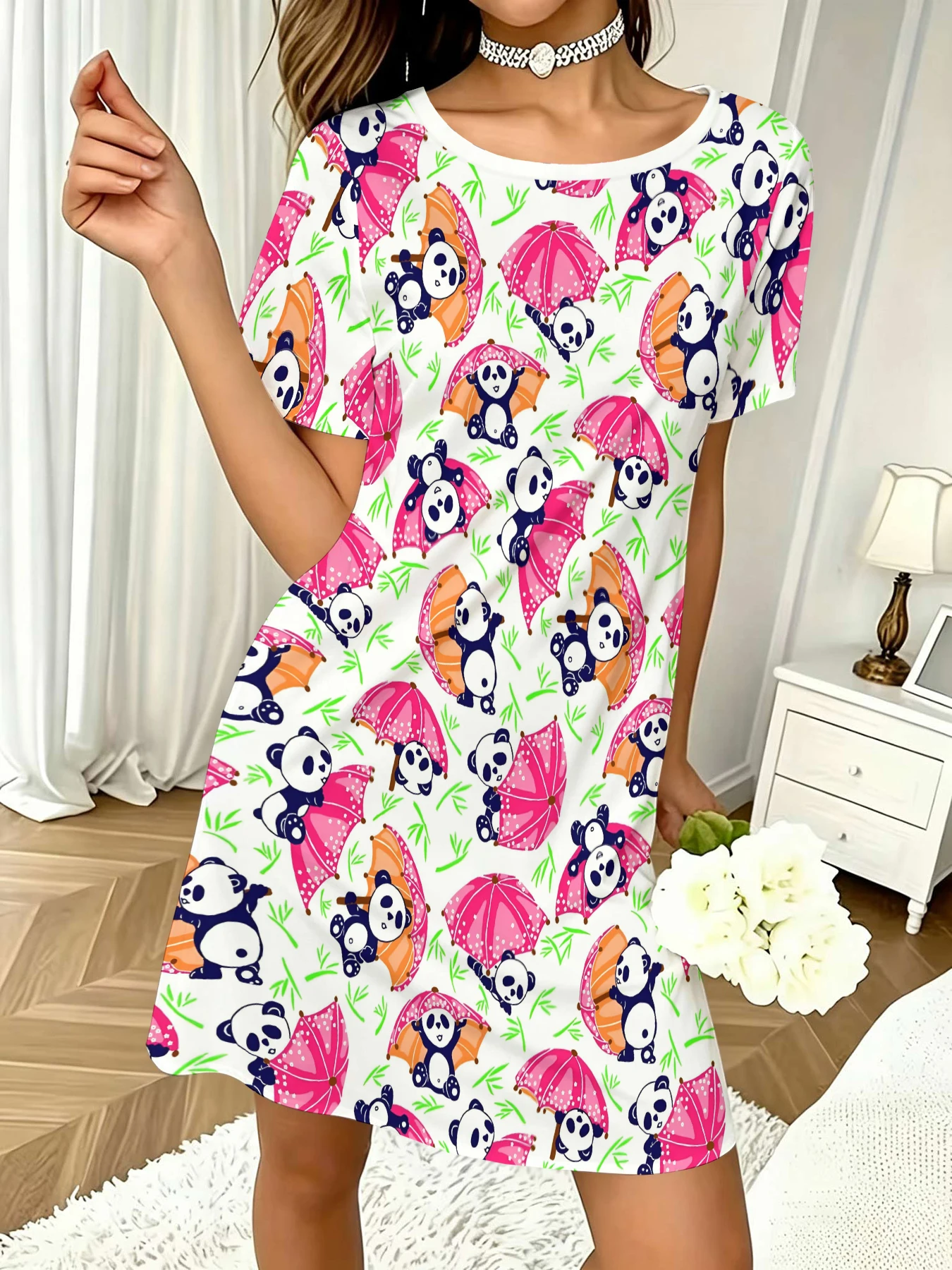 Women's Round Neck Short-Sleeved Dress with Cartoon Panda Holding an Umbrella and Bamboo Leaves Printed All Over, White Background, A-Line Casual Dress