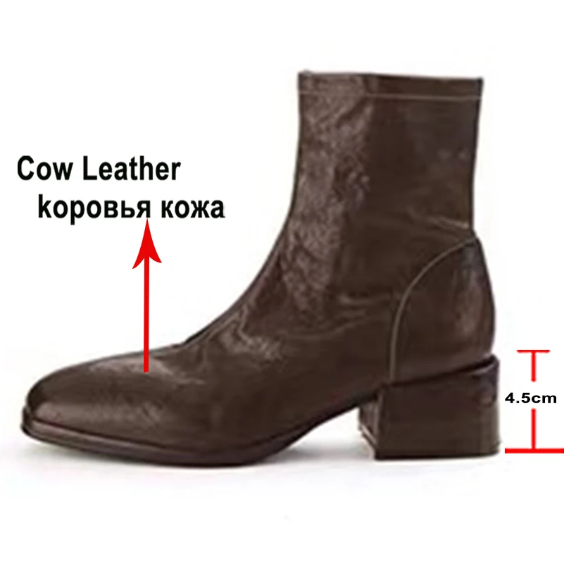 Meotina Women Genuine Leather Ankle Boots Square Toe Thick Mid Heels Zipper Short Boots Ladies Fashion Shoes Winter Coffee 40