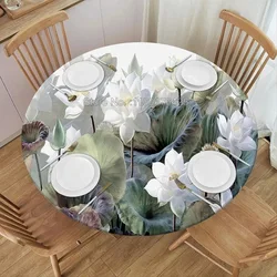 Lotus Round Tablecloths for Dining Table Flower Elastic Fitted Waterproof Table Cover for Indoor and Outdoor Kitchen Party Home
