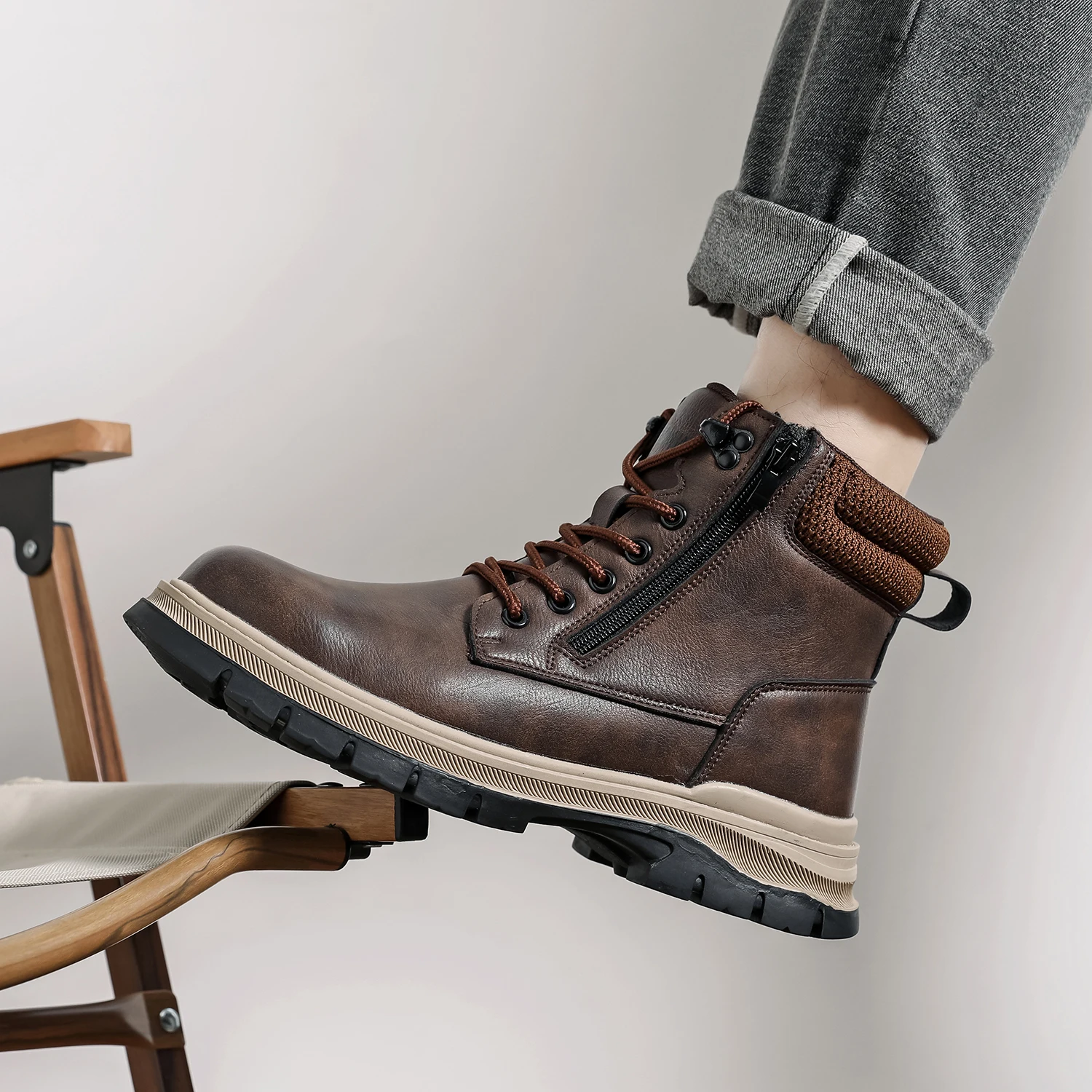 Sicherheitsstiefel Braun Wasserdicht Herren Stahlkappenschuhe Arbeit Anti-Drop Anti-Piercing Starke langlebige Schutzschuhe Unzerstörbar – Detail 6