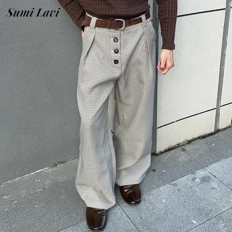

Повседневные мужские свободные прямые брюки, весенне-осенние винтажные брюки в клетку с принтом на пуговицах для мужчин, брюки с высокой талией для отдыха