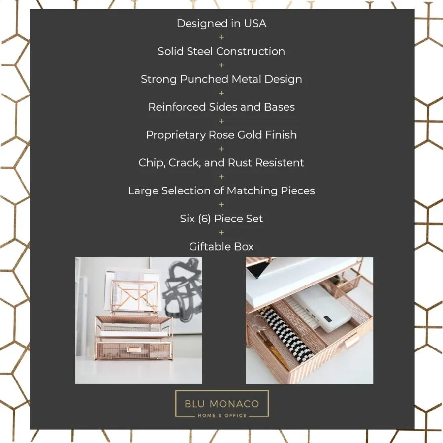 منظم مكتب BLU MONACO Workpace باللون الذهبي الوردي ورف مكتبي مع فارزات الملفات ودرج لزراجات الملفات الورقية