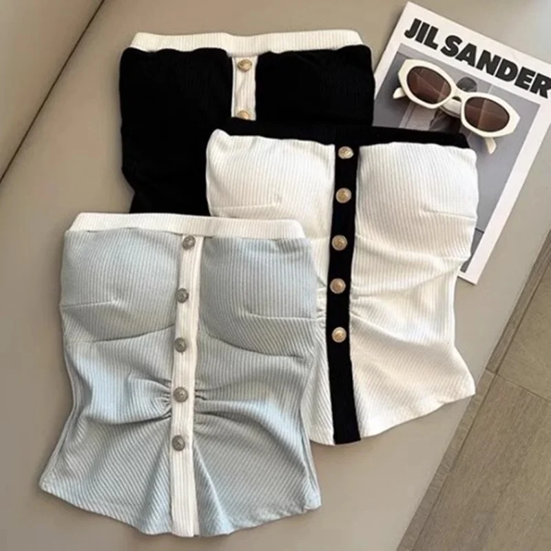 Seksowna damska krótka bluzka typu crop top Dongda Gate, nowa, z guzikami, podkreślająca biust i sylwetkę, odzież damska.