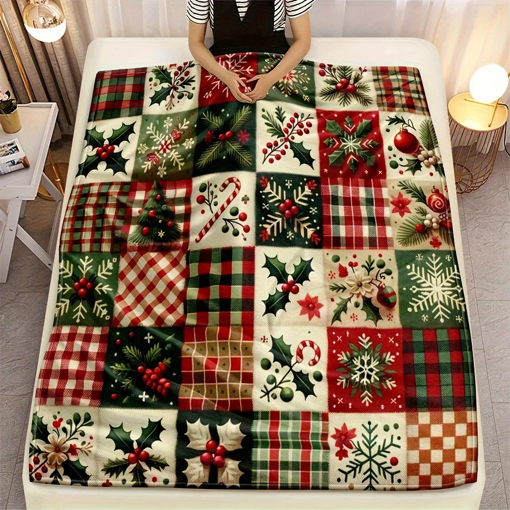 Reversible Christmas Holly Snowy Cranberries Throw Blanket Soft Warm Cozy Blankets For Sofa Couch Bed