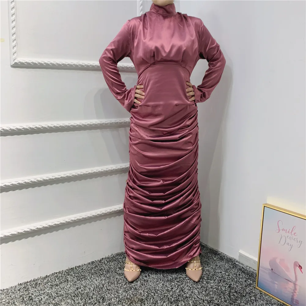 Fashion malaysia elegant satin body-con pleated long maxi slim muslim clothing dress for women