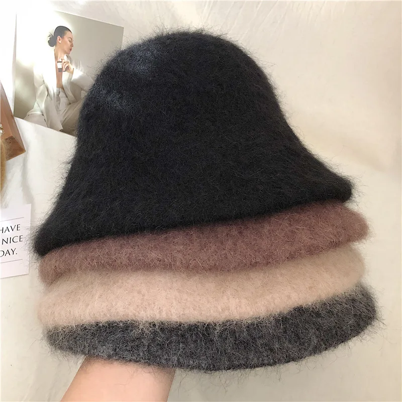 Good Angola Long Rabbit Fur Fisherman Bucket Hat Winter Fashion Soft Warm Wool Basin Cap Foldable Women Gift