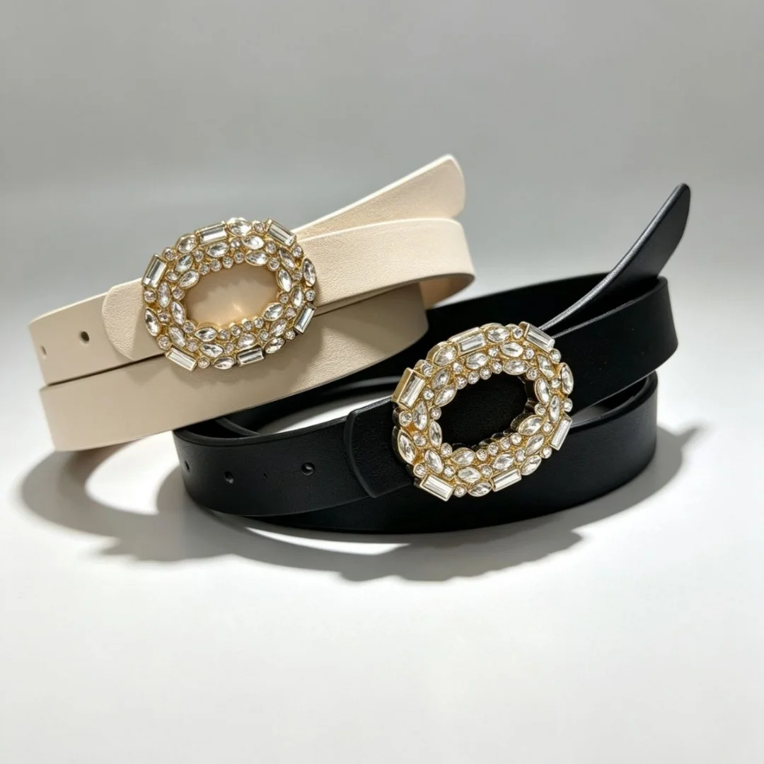 European Light Luxury Crystal Inlaid Oval Alloy Buckle Ladies PU Leather Waistband Pin Belt For Formal Dress Daily Matching