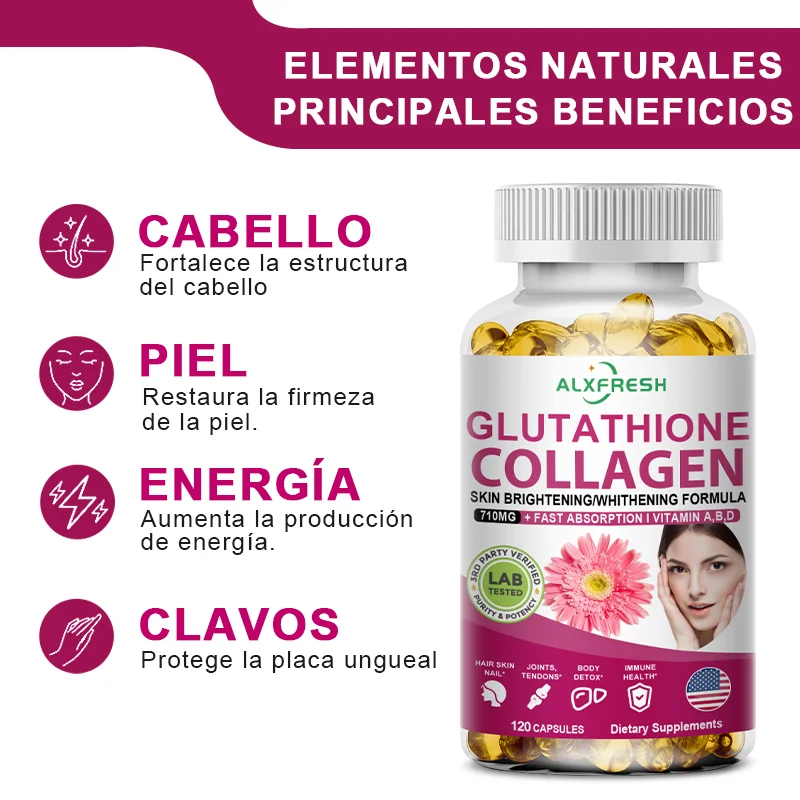 Alexfresh Cápsulas de biotina de glutatión y colágeno hidrolizado con vitaminas |   No OGM Vegano Sin Gluten | Suplemento Dietético