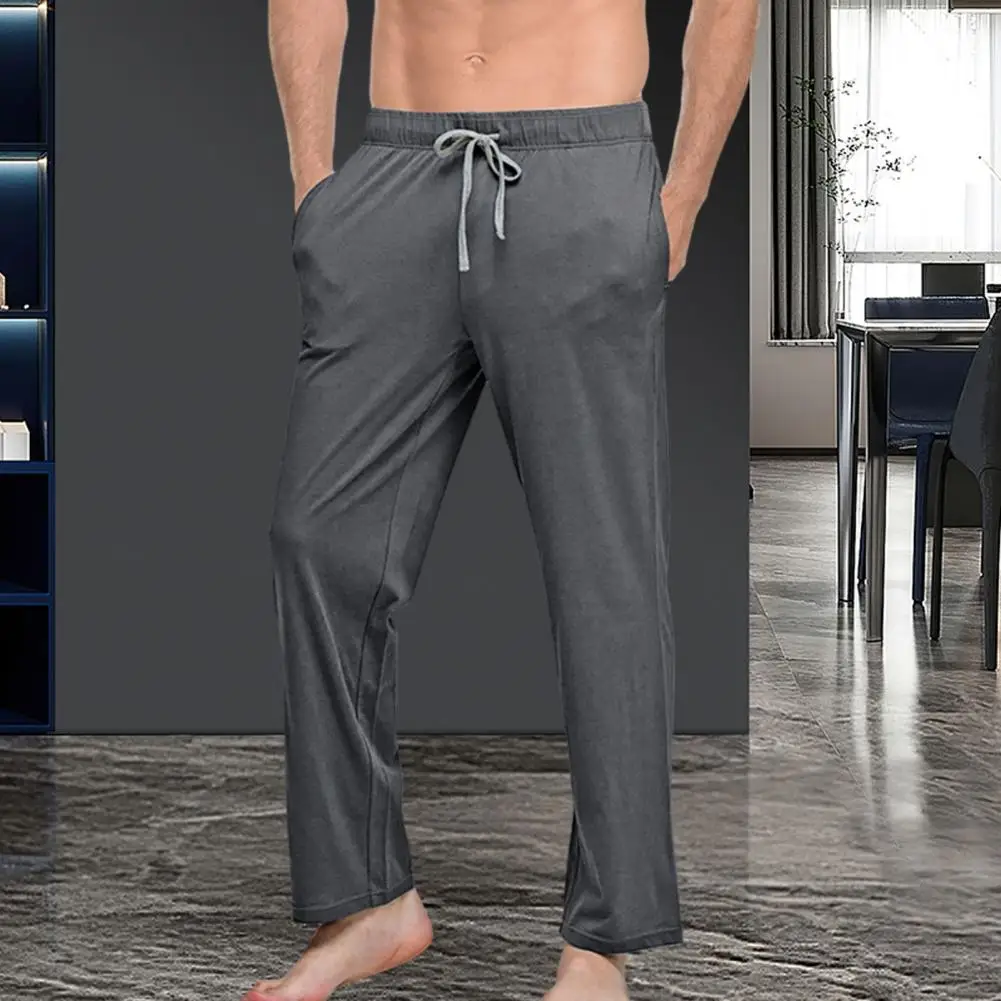 Men Home Pants Solid Color Elastic Waist Men Pajama Pants Pockets Drawstring Homewear Trousers Male Clothing