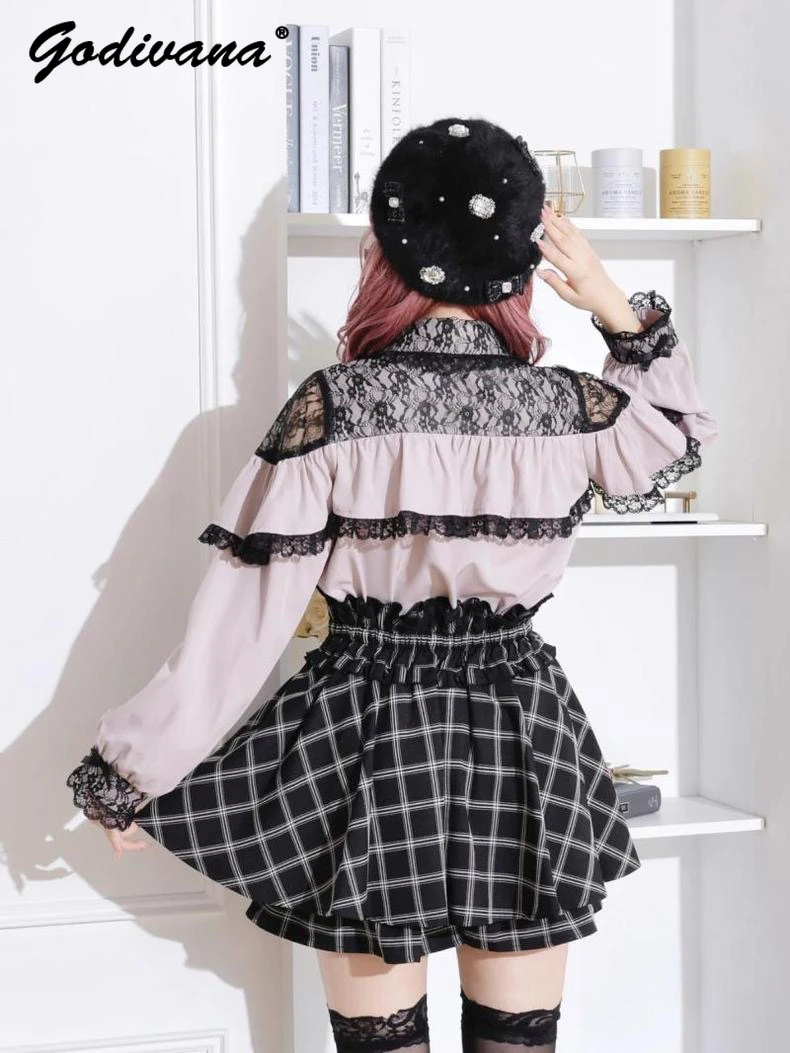 Sweet Japanese Mine Cape Ruffled Lace Stitching Shoulder Long Sleeve Shirt Spring and Autumn Women\'s Lolita Bowknot Blouse Tops