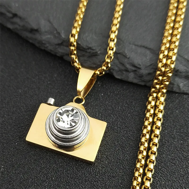 2024 new fashion simple camera rhinestone pendant necklace temperament all men and women collarbone chain accessories