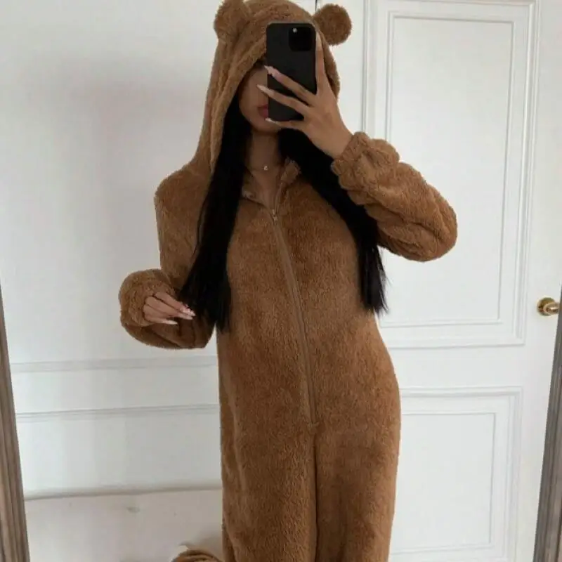 

Women's Clothing Autumn and Winter New Conjoined Homewear Leopard Print Printing Pajamas Coral Fleece Hooded Cute Bodysuit