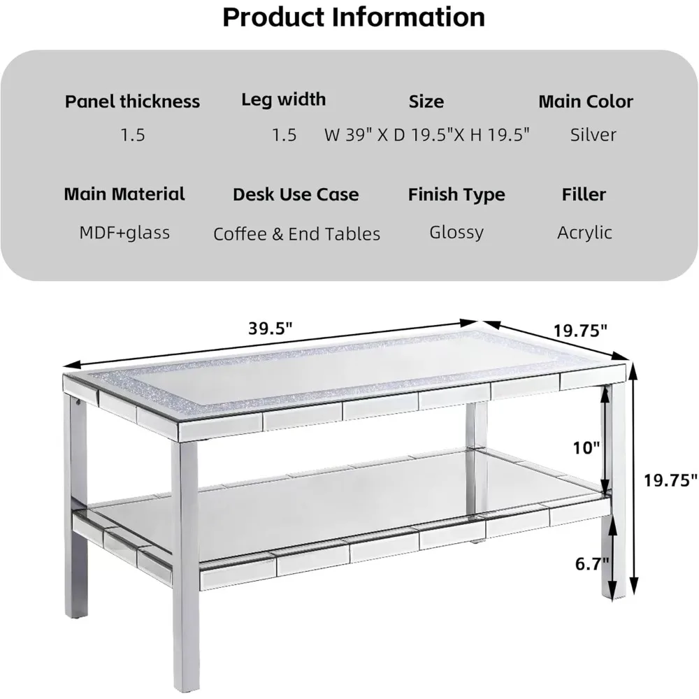 35 Inches Mirrored Coffee Table, Crystals Inlay and Stainless Steel Frame, Modern 2 Tiers Rectangle Cocktail Table/End Table