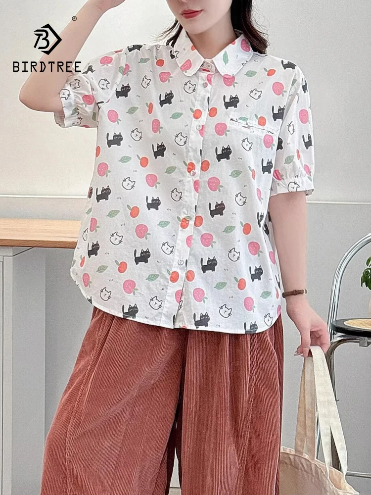 

New 2025 Summer Cotton Short Sleeve Shirt, Women Turn-down Collar Cute Print, Mori Girl Fashion Versatile Loose Blouse T56320CC