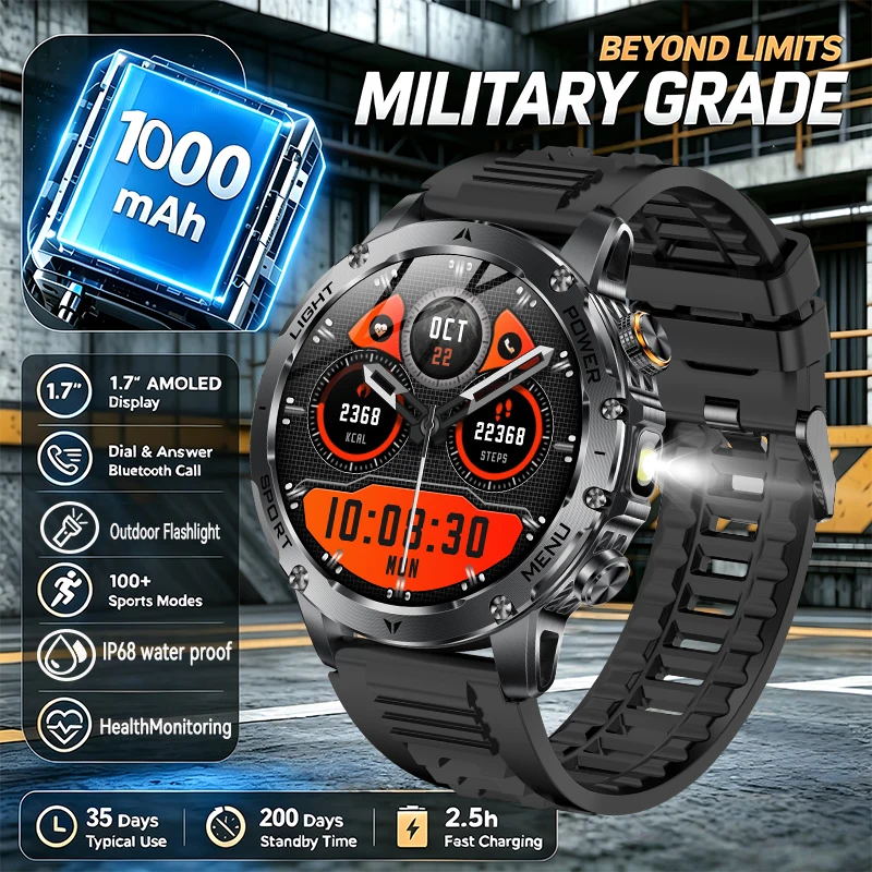 Neue Militär-Smartwatch T-Rex 3 Ultra mit 1000mAh Akku, IP68 Wasserdicht, Fitness-Tracker, Taschenlampe, Herzfrequenzmessung, Sport-Smartwatch für Herren