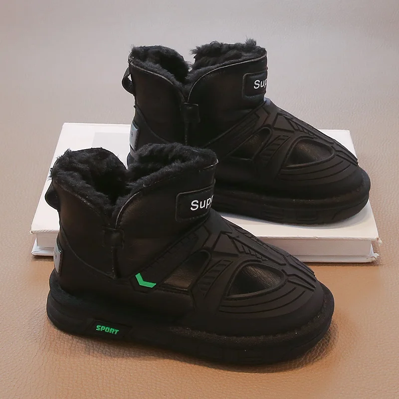 Boys Snow Boots Winter New Khaki Padded Thickened Warm Kids Cotton Shoes Black Leather Non-slip Children's Big Cotton Boots