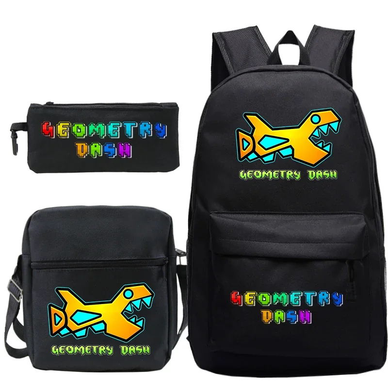 3Pcs Nylon Backpack with Geometry Dash Printing Cartoon School Bag Custom Large Capacity Kids Bags for Boys Girls Laptop Daypack