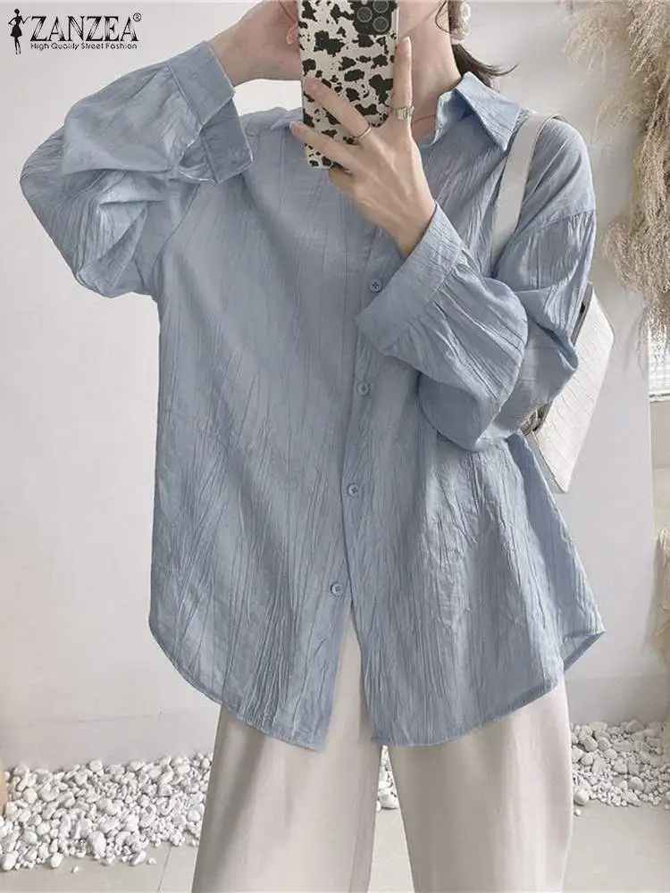 

ZANZEA Oversized Women Fashion Shirt Korean Textured Fabric 2024 Summer Lapel Neck Blusas Blouse Casual Long Sleeve Solid Tunics