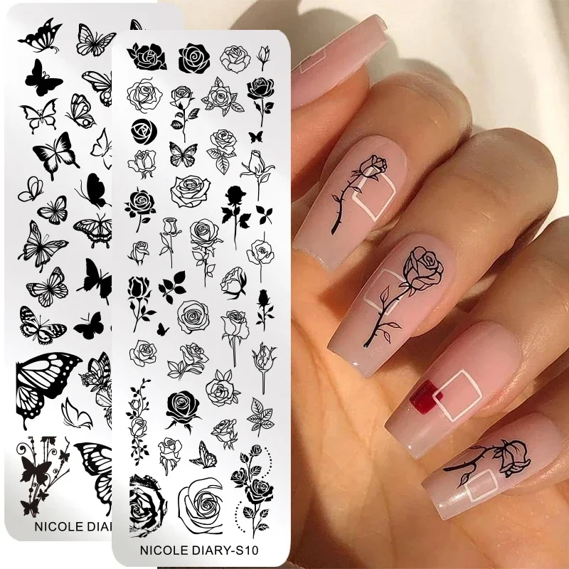 NICOLE DIARY Rose Flower Vine Nail Stamping Plates Butterfly Design Stamp Templates French Nails DIY Printing Stencils Mold: Nai