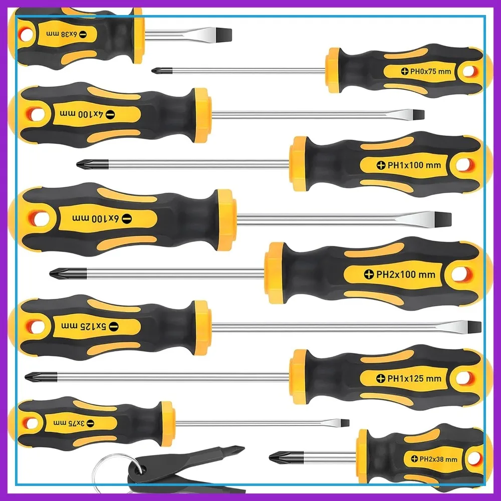 

10-Piece Magnetic Screwdriver Set, 5 Phillips & 5 Slotted Tips, Cushion Grip, Portable Mini Key Screwdriver (Yellow)