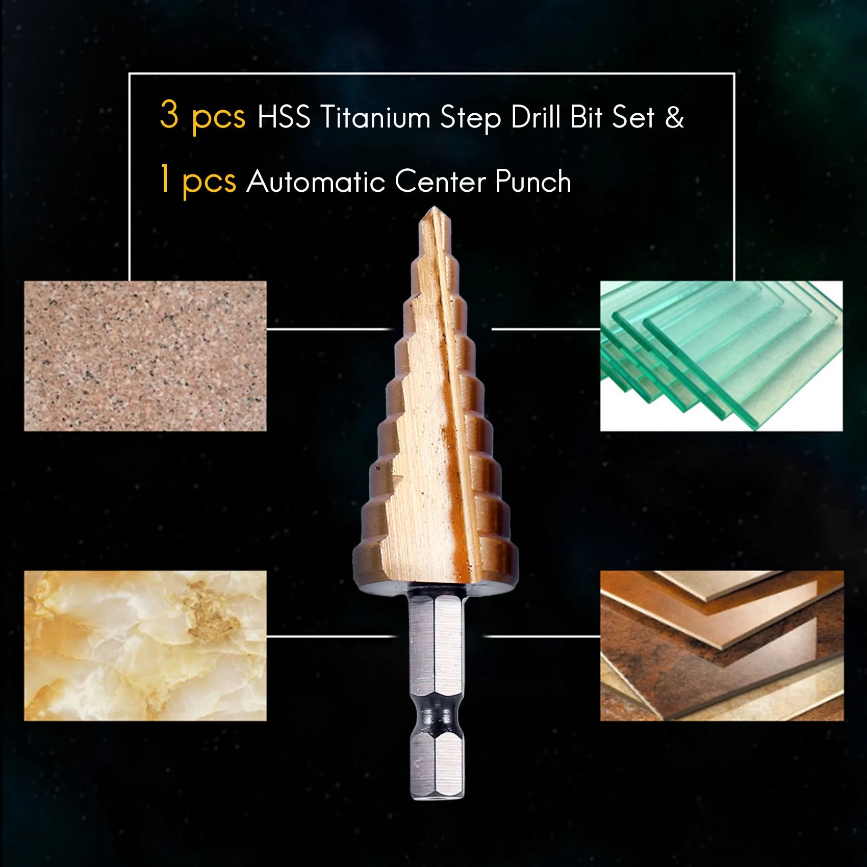 Conjunto de brocas passo de titânio HSS de 3 peças e 1 peça de perfuração central automática
