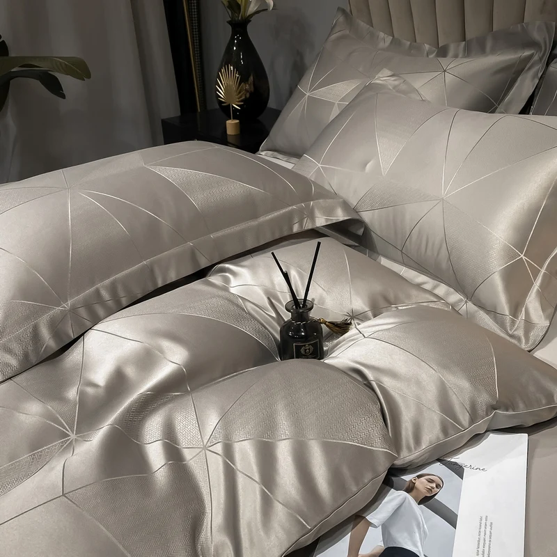 

2024 new double-sided geometric pattern washable silk cool silk bed sheets quilt covers pillowcases 4pcs set machine washable