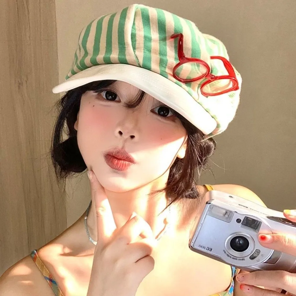

Japanese Korean Striped Berets Y2k Retro Painter Berets Casual Versatile Beanie Cap Female