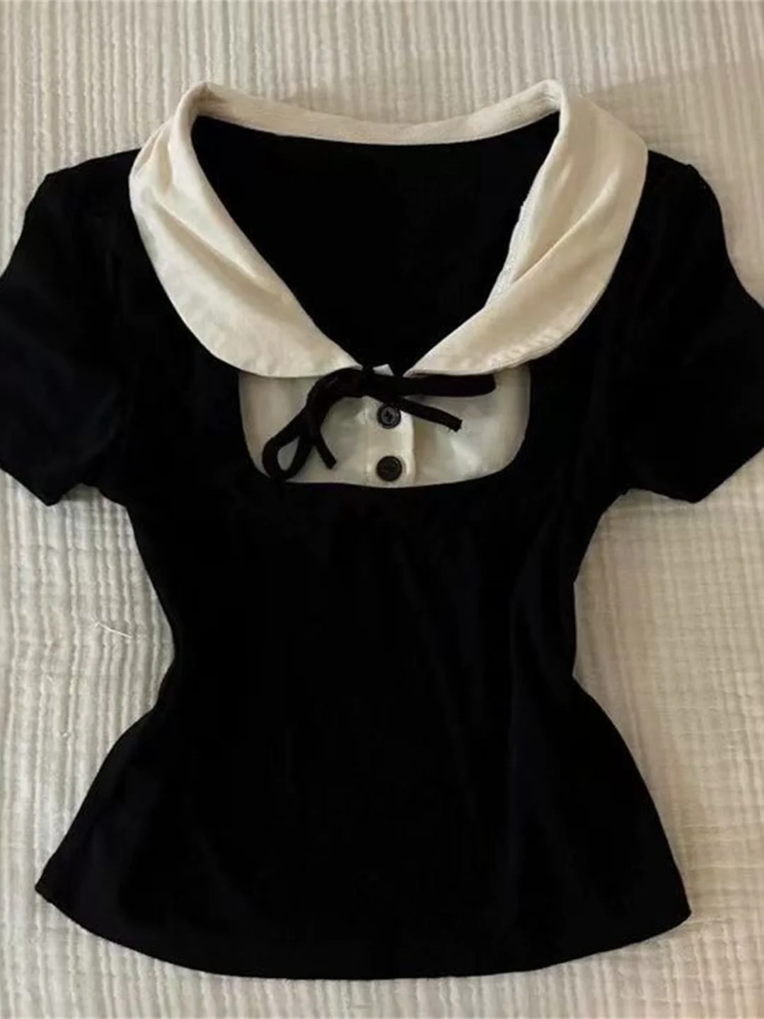 

Vintage 2026 New Doll Short Sleeve Slim Fit T-Shirt Summer Retro Sweet Fragrance Style Korean Commute Style Women's Top