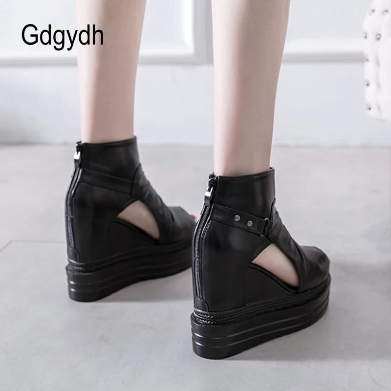 Gdgydh Spring and Summer Open Toe Ankle Boots for Women with Heel Hollow Out Black Wedge Boots Height Increased Korean Japanese