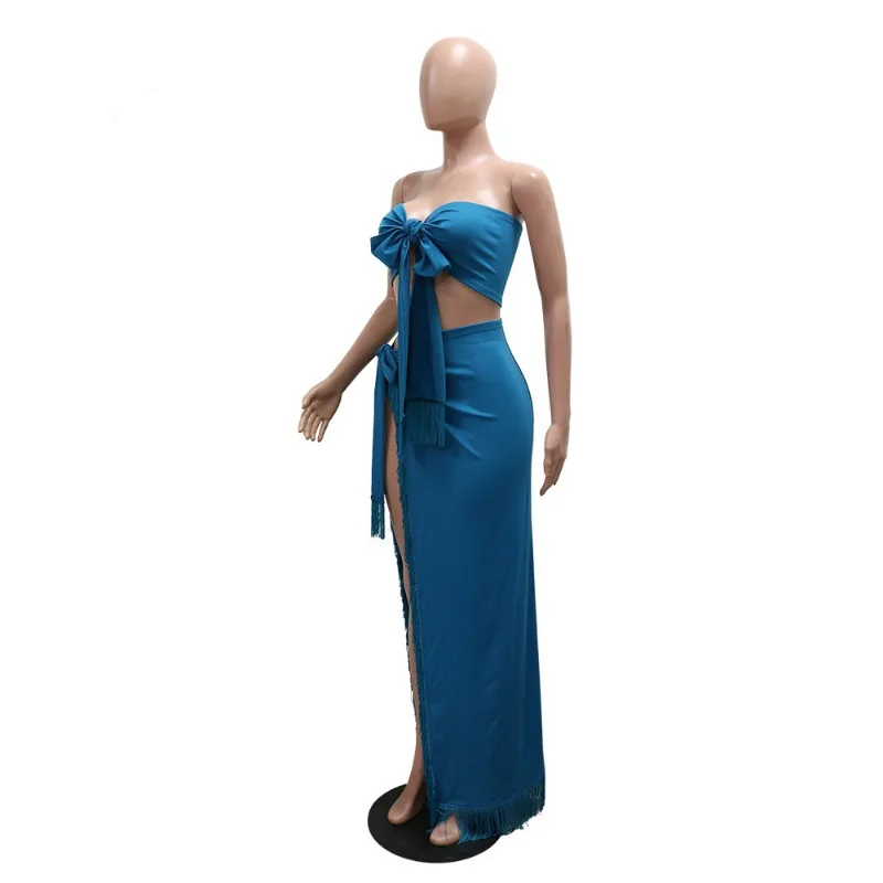 Dames Zomer Vakantie Kwastje 2 Delige Set Veters Strapless Crop Tops Bandage Maxi Rokken Party Clubkleding Strand Jurk Pakken