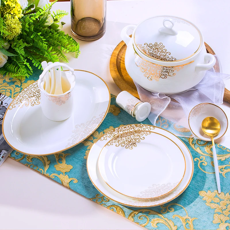 Free Combination Jingdezhen Bone China Tableware Bowl and Plates Set Household Light Luxury Plate Chopsticks European High-End