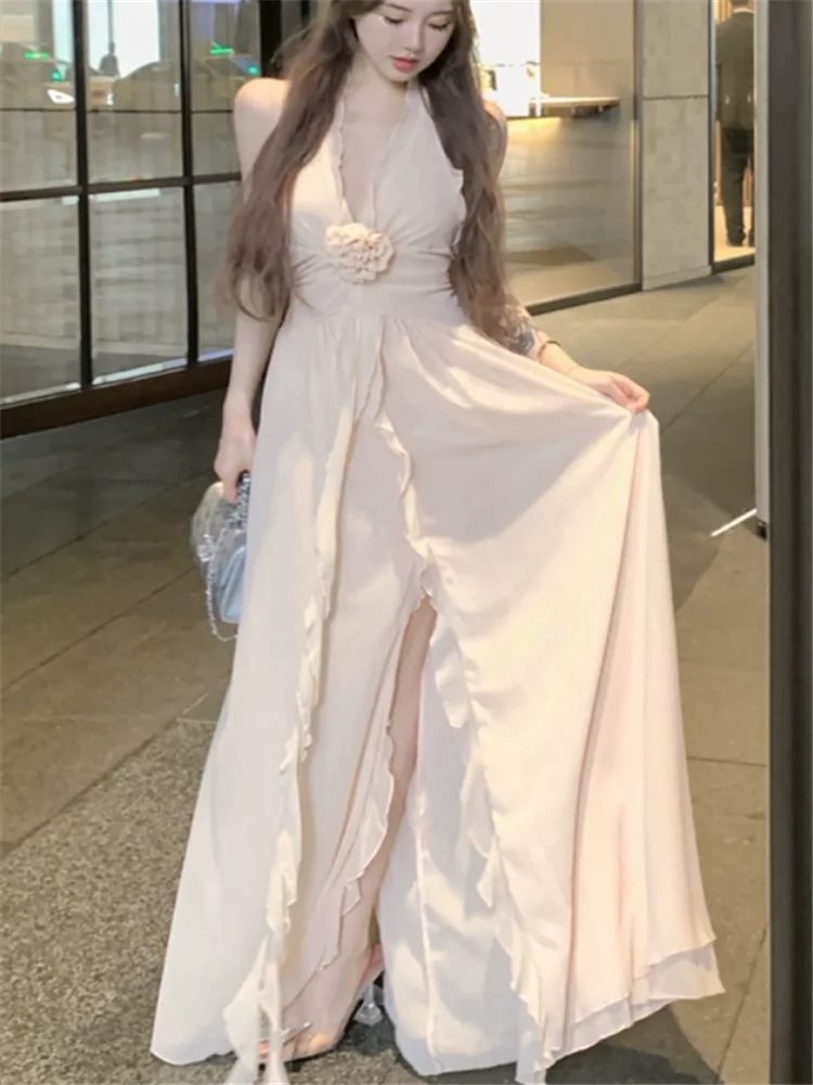

Summer Holiday Fashion Pale Pink Flower Irregular Split Dress Ruffles Halter Sexy Off Shoulder Backless Beach Fairy A Line Dress