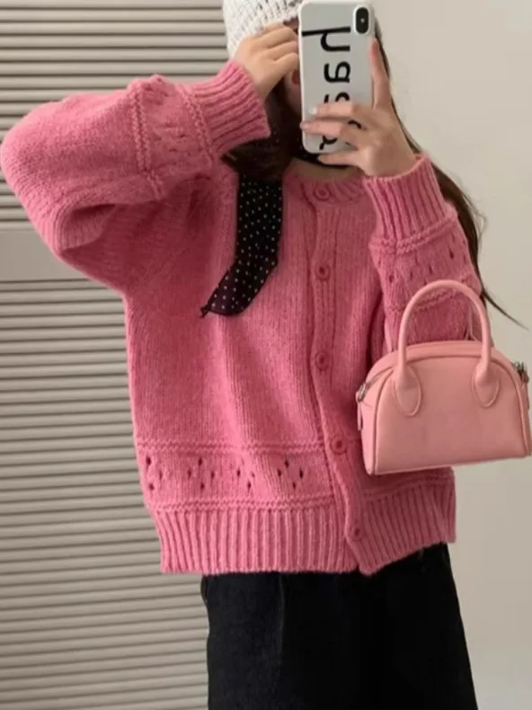 

Мягкий розовый вязаный свитер, женский свободный осенне-зимний модный милый дизайн с вырезами, удобный трикотаж, кардиган, топ