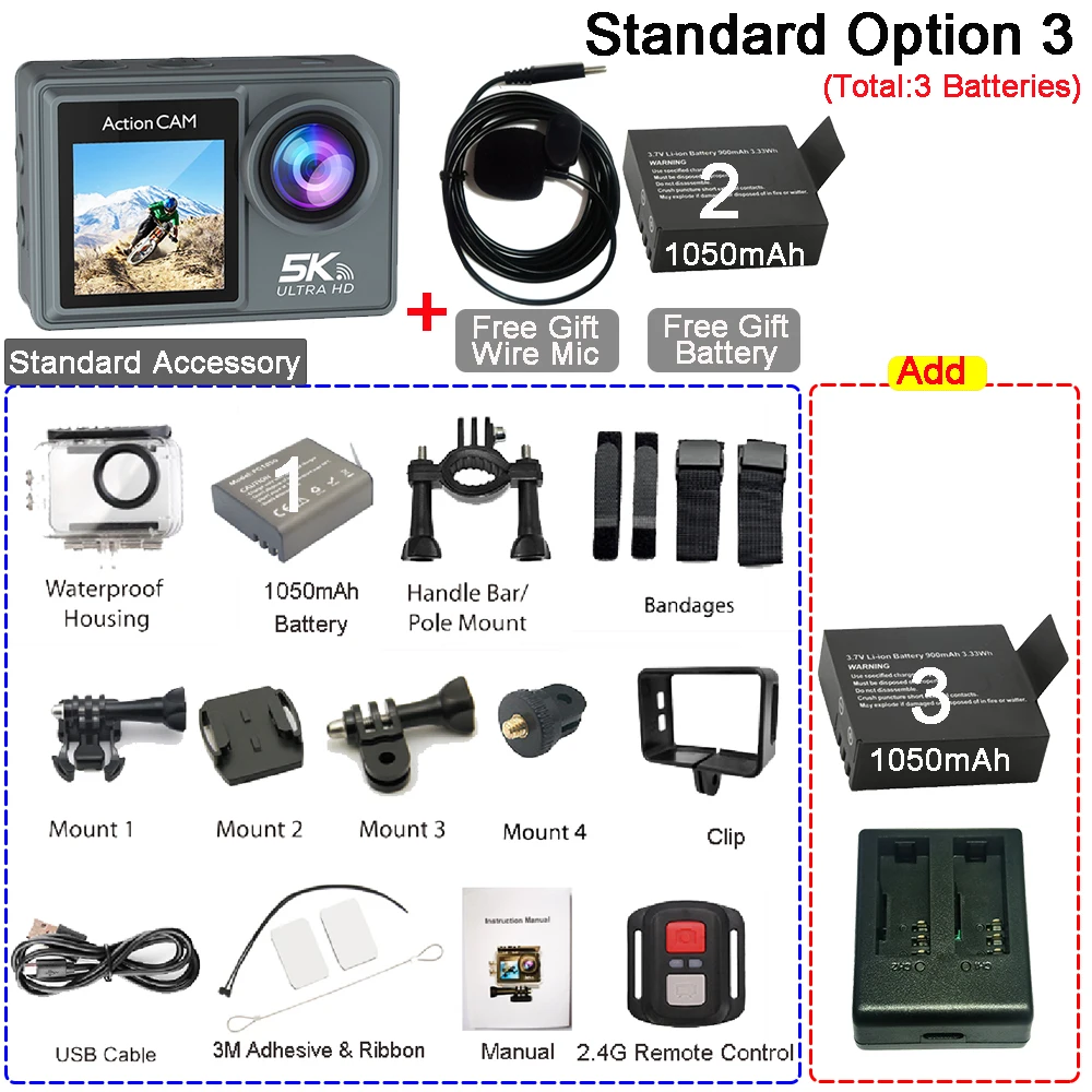 5K 4K60FPS actiecamera Dubbele IPS Touch LCD DVR EIS 170 °   30M waterdichte 5-x zoom sportcamera met draadloze microfoon en afstandsbediening