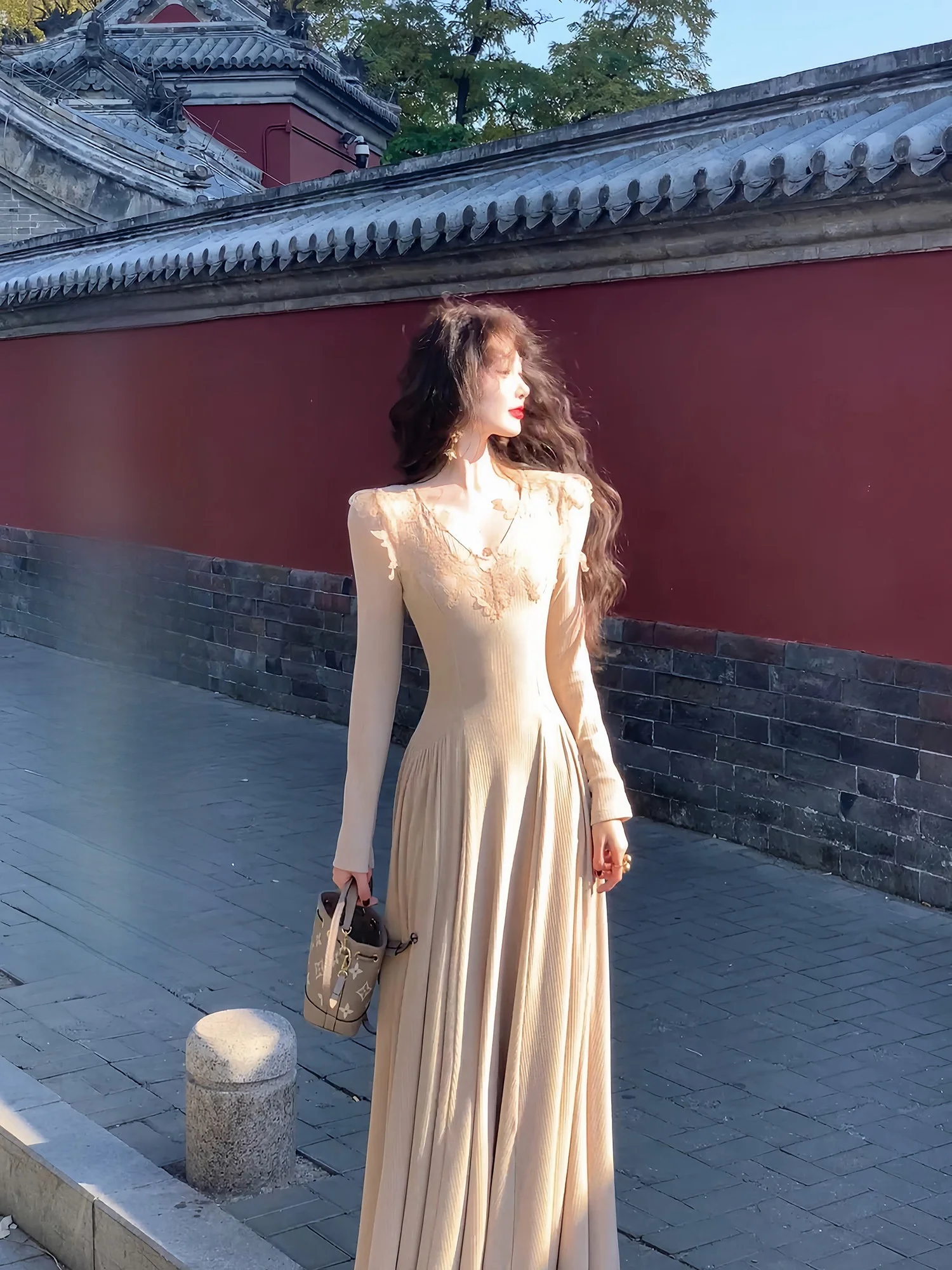 

een Lace Trim Dr V-ne Splice Skirt Big Hemline Gentle Aosphere Women's Faion Nylon Long Sve Slim Fit Casual Dr