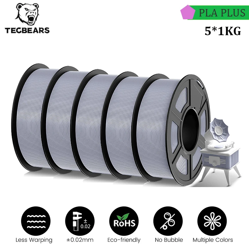 TECBEARS 5KG PLA Plus 3D-printerfilament PLA+ 1,75 mm Geen bubbels Vacuümverpakking Netjes gewikkeld filament voor 3D-printer en 3D-pen