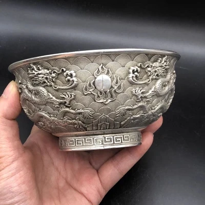 

Miscellaneous Qing Qianlong Year Shuanglong Play Pearl Bowl Relief Home Bronze Ornaments copper statue home decoration