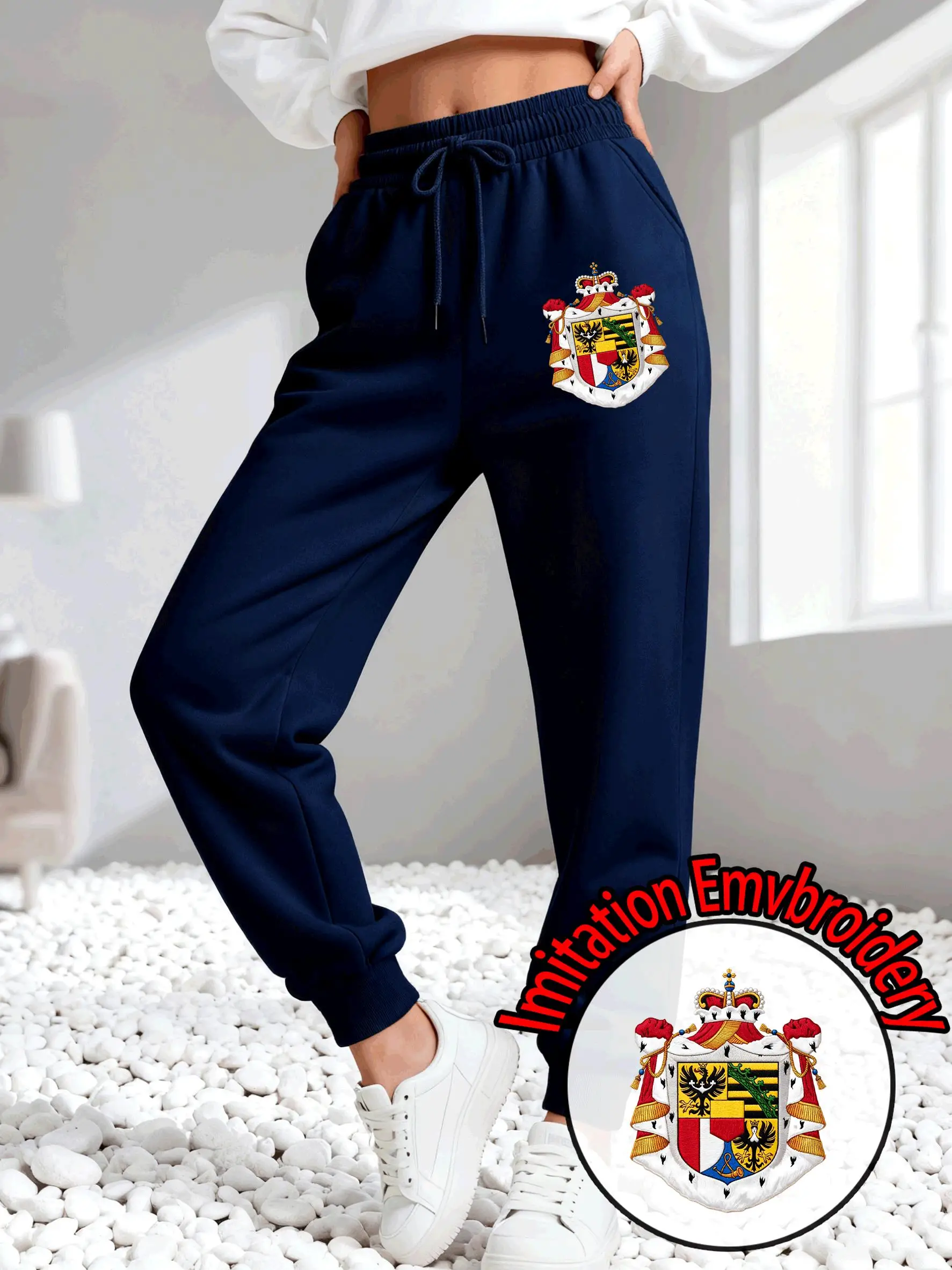Liechtenstein Imitation Embroidery Print Y2K Women Sweatpants Korean Autumn Trousers Pocket Streetwear Fleece Jogging Pant