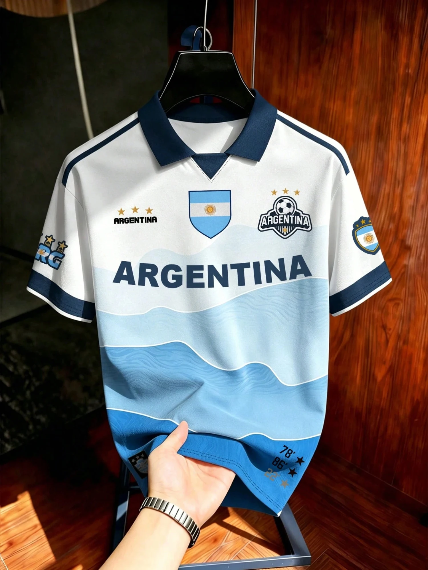 T-shirt d'été pour homme, imprimé dégradé Argentine, col polo, manches courtes, maillot de football, haut de sport, vêtements pour supporters de football