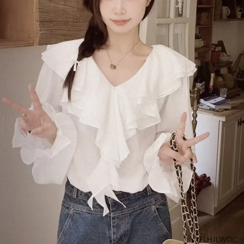 Layer Ruffles Tops Women Korean Style Design Clothes Flare Sleeve Elegant Office Lady White Sweet Girls Basic Shirts Blouses