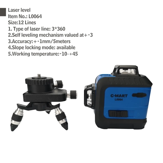 C-MART 360 Spirit Level Laser Rotary Cross Line 12 lines 3D Laser Level