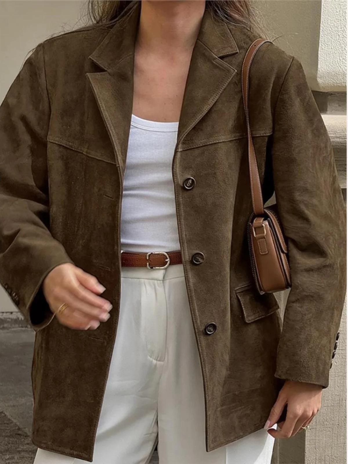 

Замшевый костюм свободного покроя в стиле ретро, винтажный длинный све, полиэстер, джет, оригинальный дизайн, чистый цвет, женская осенняя коллекция Faion