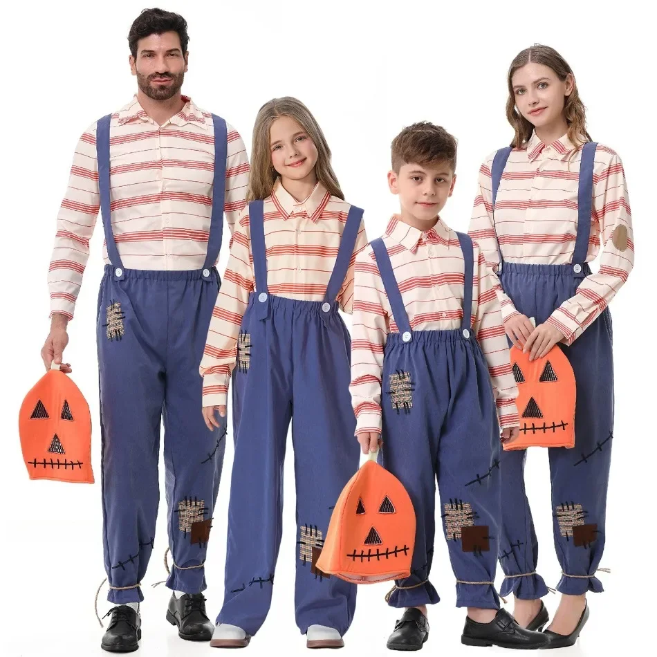 Family Matching Halloween Costumes Striped Shirt Overalls Pumpkin Bag Scarecrow Cosplay Party Group Photo Carnival Outfit PS66