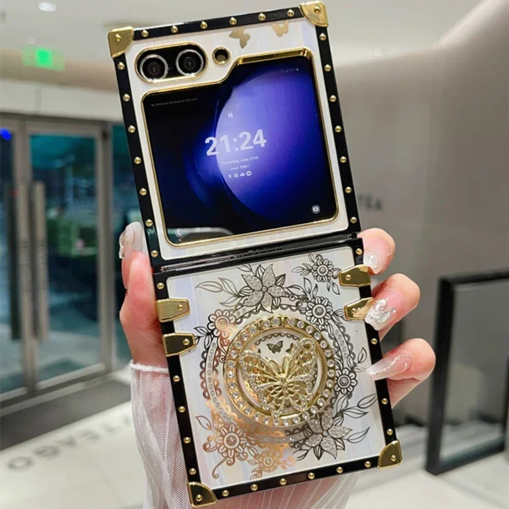 Luxury Bling Glitter Aurora Butterfly Stand Phone Case for Samsung Galaxy Z Flip 6 5 4 3 Flip6 Flip5 Flip4 Flip3 5G Holder Case