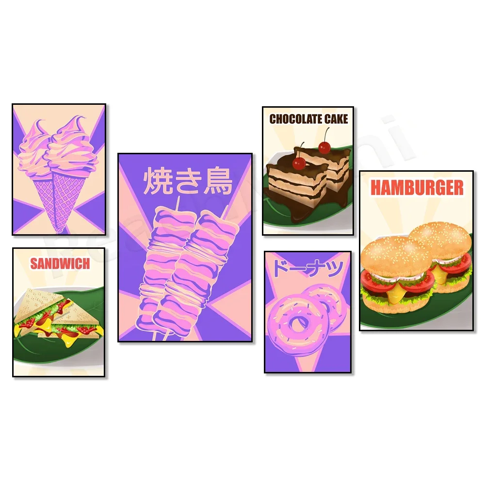 sushi, hamburger, ice cream, sandwich, donut, cake, ramen, yakitori aesthetic picture kitchen restaurant nordic decor poster