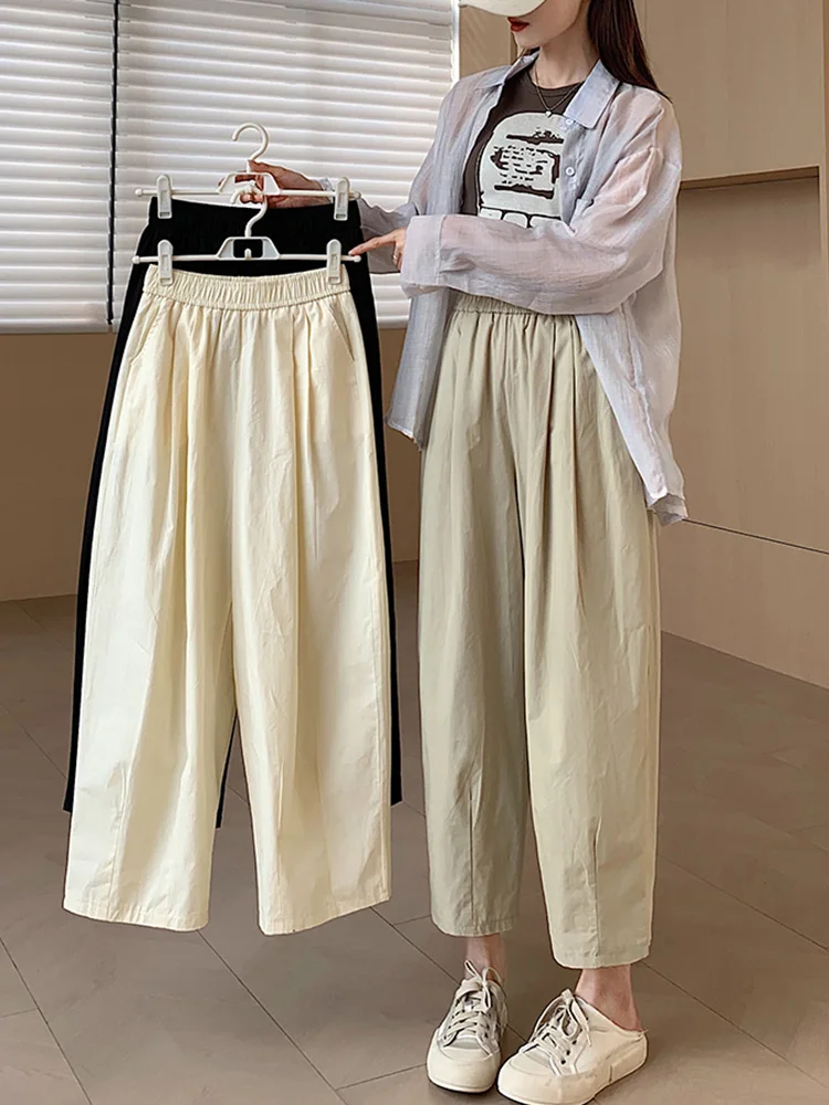 Wide Leg Pants Women Clothing Summer High Waist Elastic Casual Pockets Cotton Loose Ankle-length Pants Solid Pantalones De Mujer